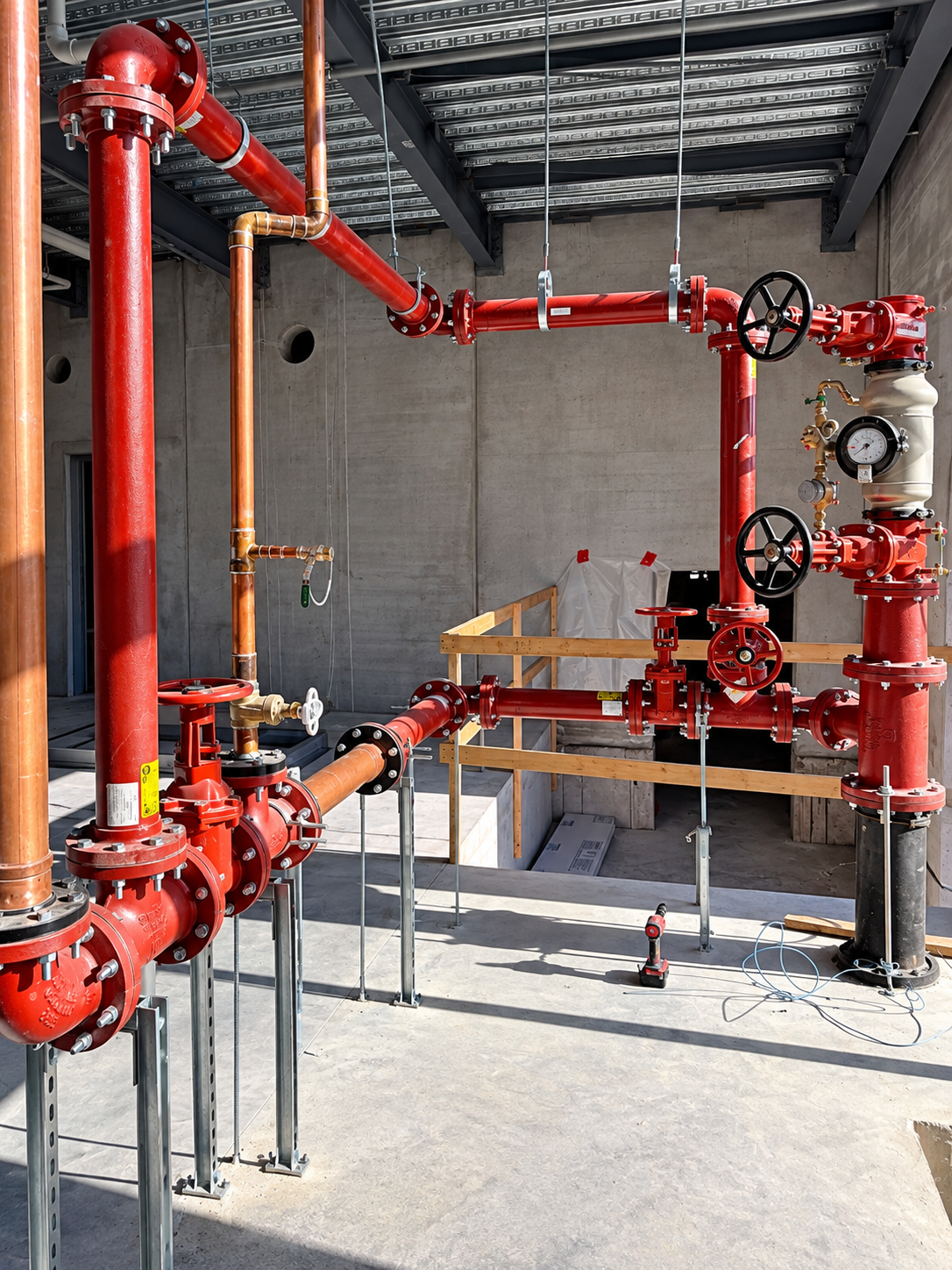Red fire sprinkler system piping with valves and gauges at a construction site.
