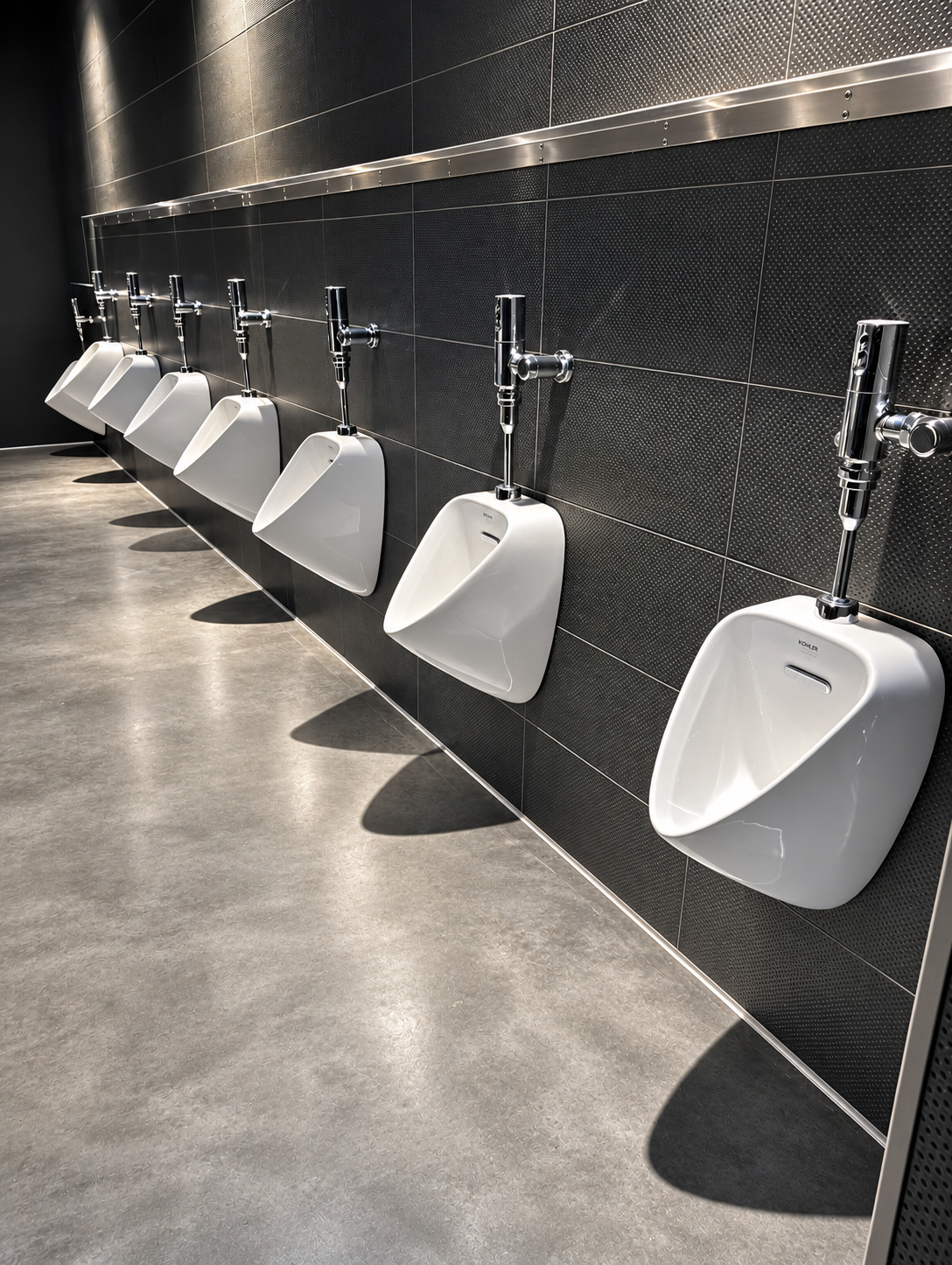 Bank of commercial restroom urinals with flush valves