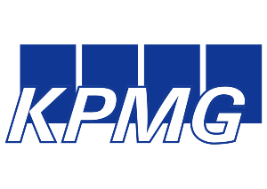 KPMG logo met blauwe vierkanten en witte tekst op een zwarte achtergrond.