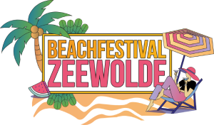 Logo van Beachfestival Zeewolde, met een strandstoel, een parasol en een vrouw die op een strandstoel ligt onder een zonnescherm.