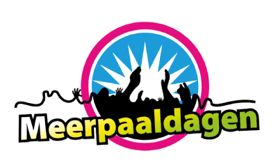 Logo van de Meerpaaldagen in Dronten en silhouetten van mensen met opgeheven handen binnen een blauwe cirkel met stralen op de achtergrond.