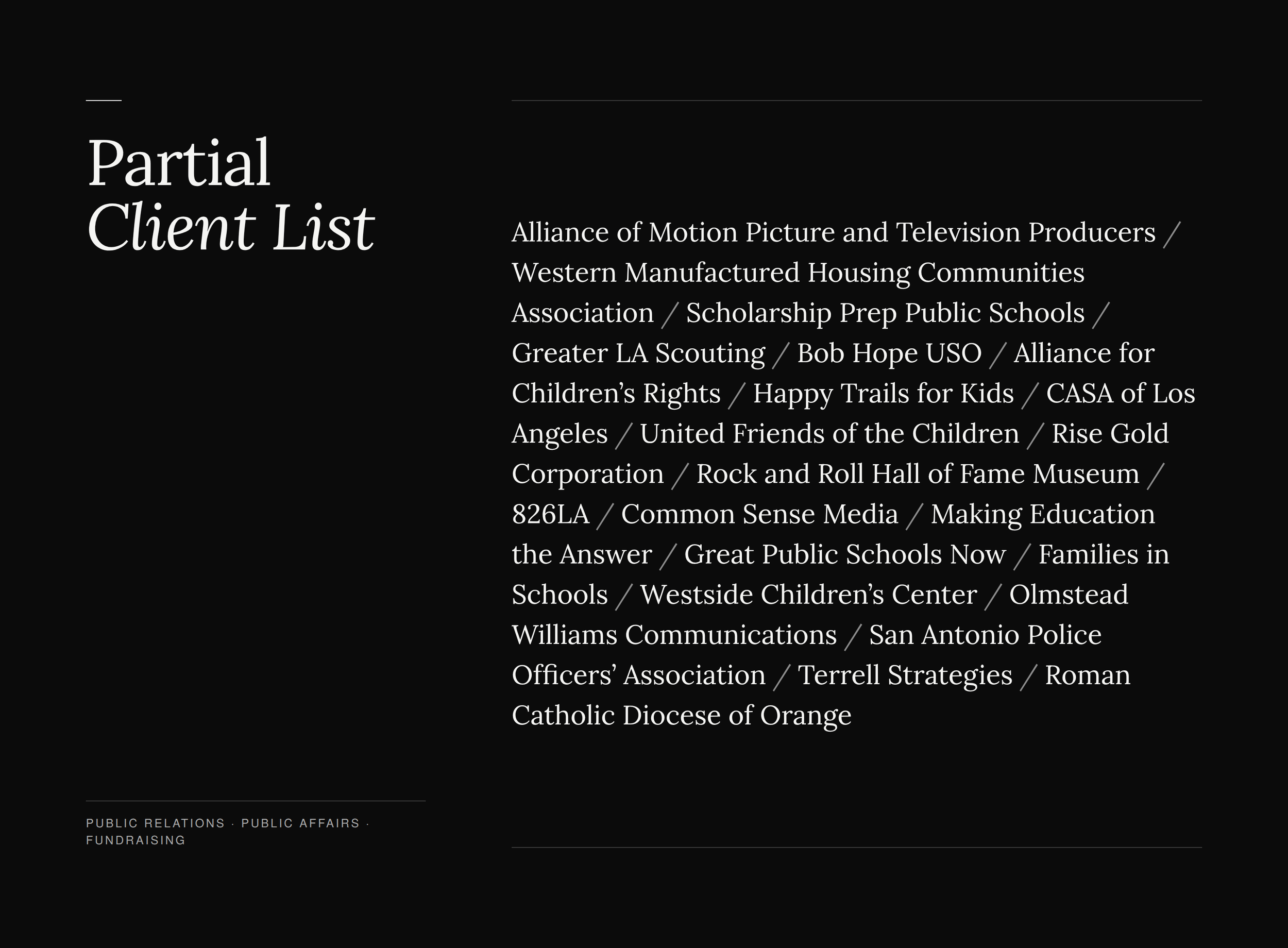 Black background with white text listing various organizations and phrases related to public relations, public affairs, and fundraising.