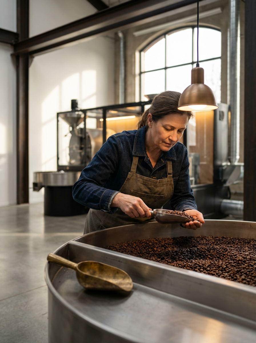 A woman wearing a denim shirt and apron scooping roasted coffee beans from a large metal container in a coffee roastery.