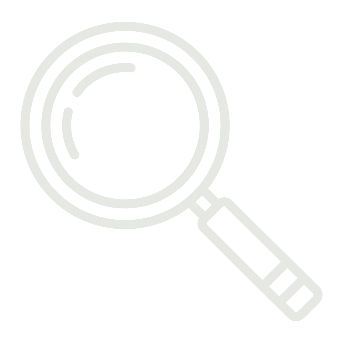 A magnifying glass with a circular frame and a handle, outlined in white, on a black background.