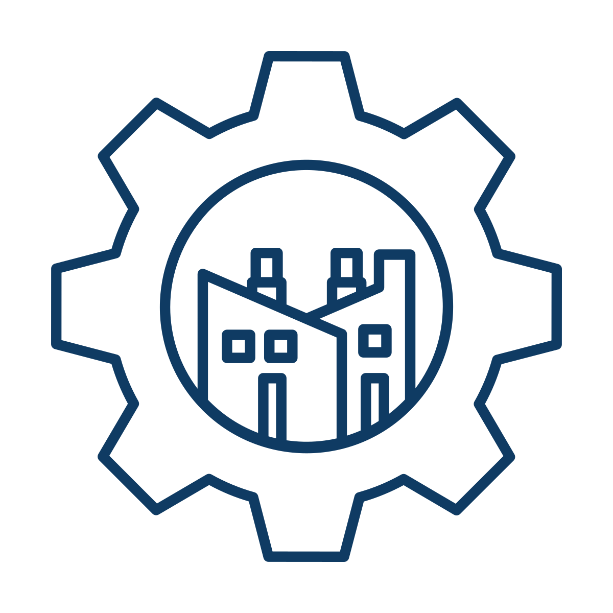 Outline of a gear with an inner circle containing a cityscape with buildings and smokestacks.