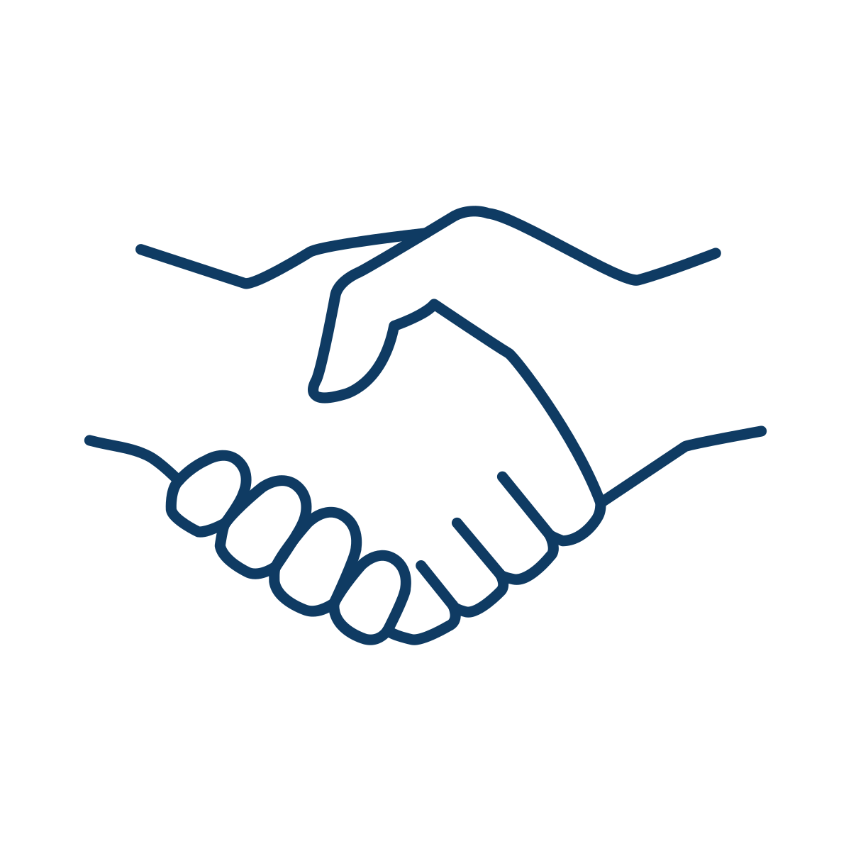 Line drawing of two hands shaking, symbolizing greeting or agreement, with the words 'Handshake' and 'Agreement' above and below.
