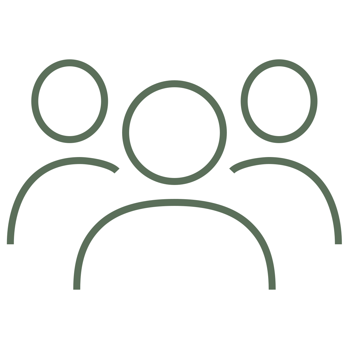 Outline of three people with one person in front and two behind, representing a group or community.