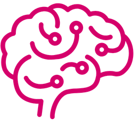 A stylized, pink outline of a human brain.