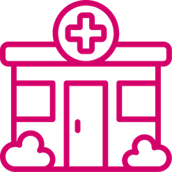 Outline of a hospital building with a cross symbol on top