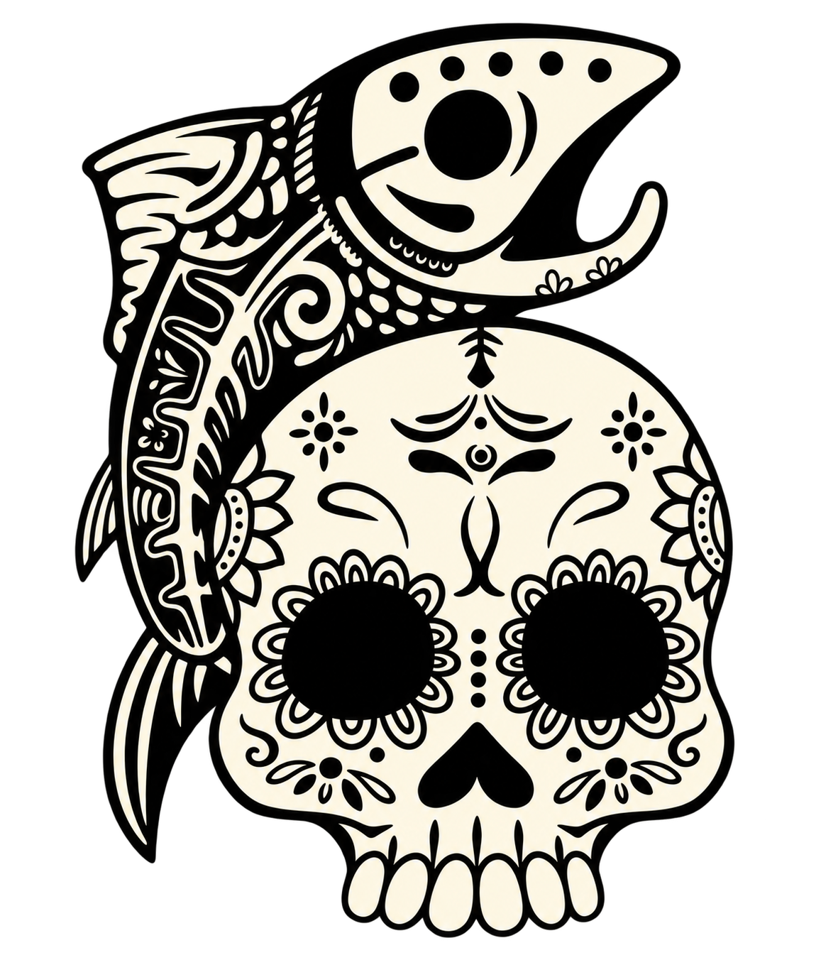 A black and white decorative illustration of a stylized skull with floral and abstract patterns, combined with a fish skeleton design.