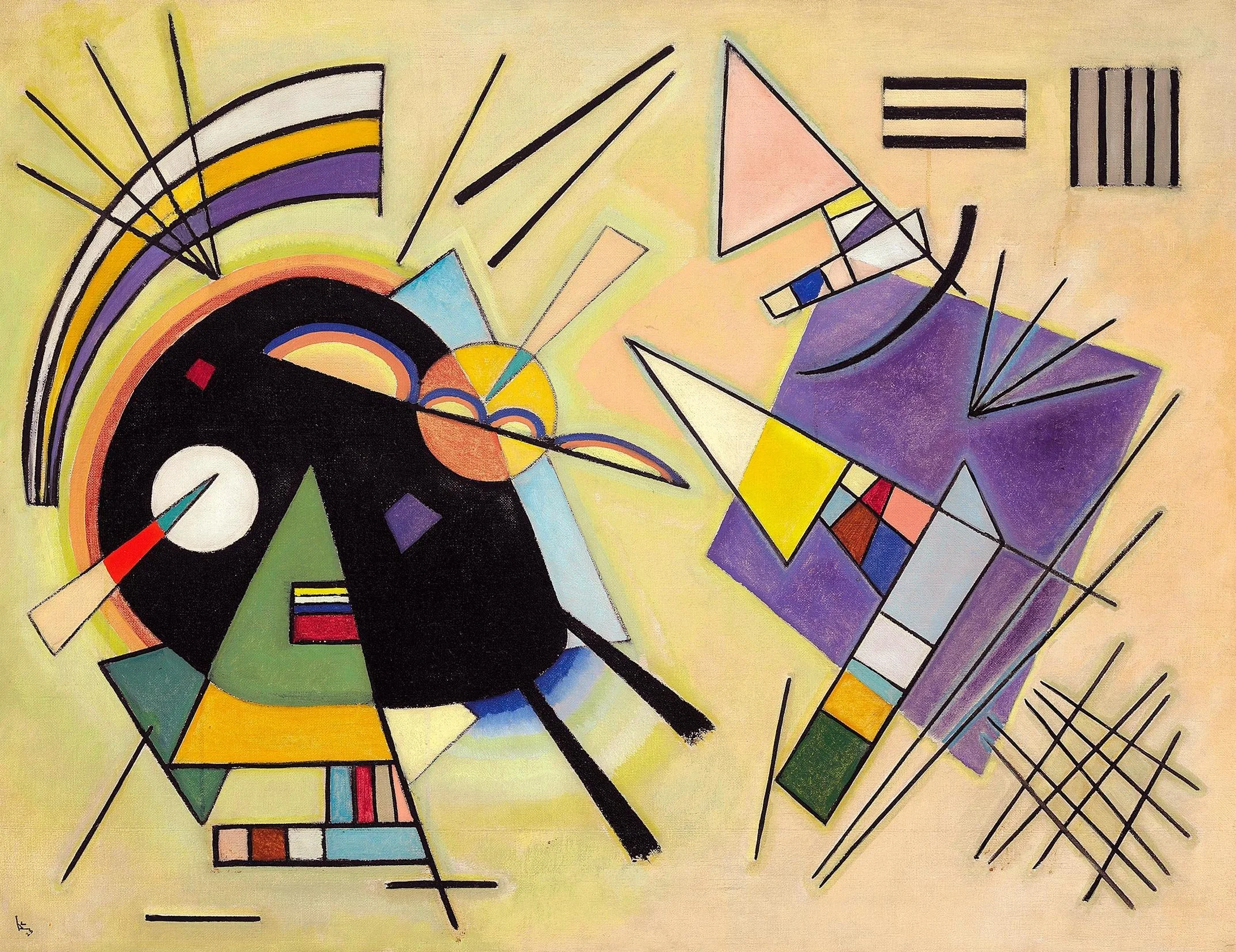 An abstract colorful geometric painting featuring various shapes, lines, and patterns with a pastel yellow background.