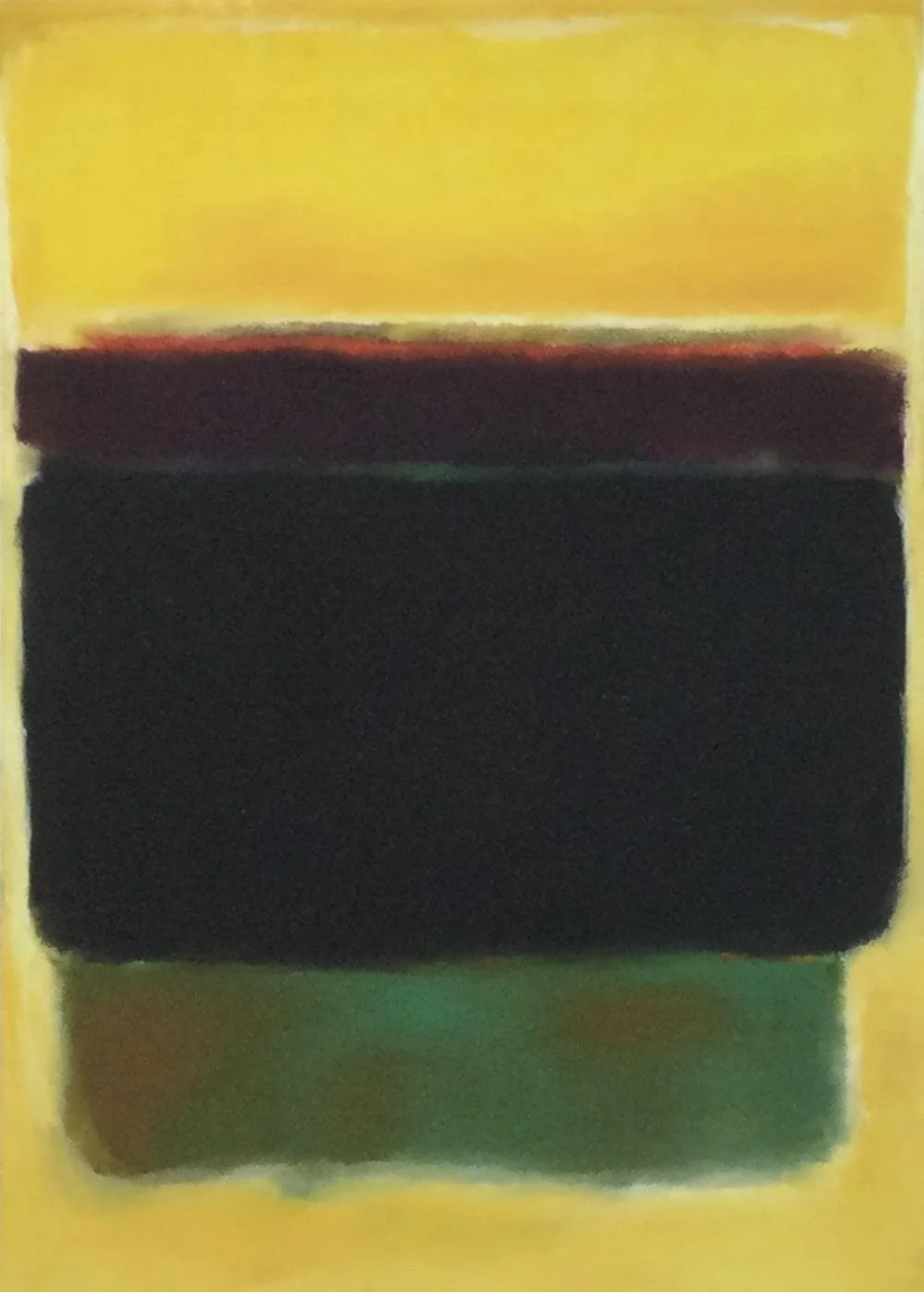 Abstract painting with horizontal stripes of yellow at the top, dark red and black in the middle, and green at the bottom, on a yellow background.