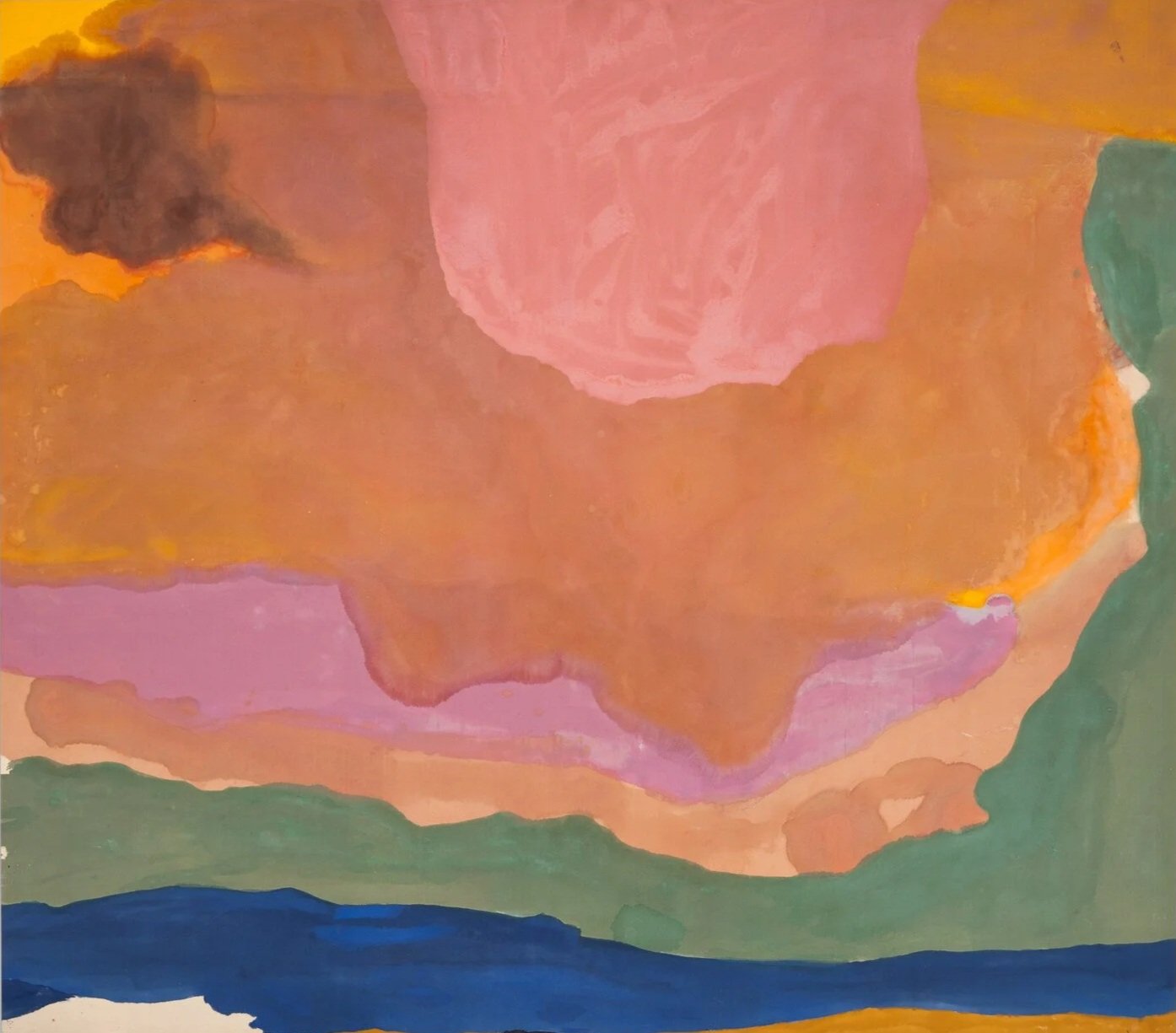 Abstract painting with large pink, orange, green, and blue shapes and a dark cloud in the top left corner.