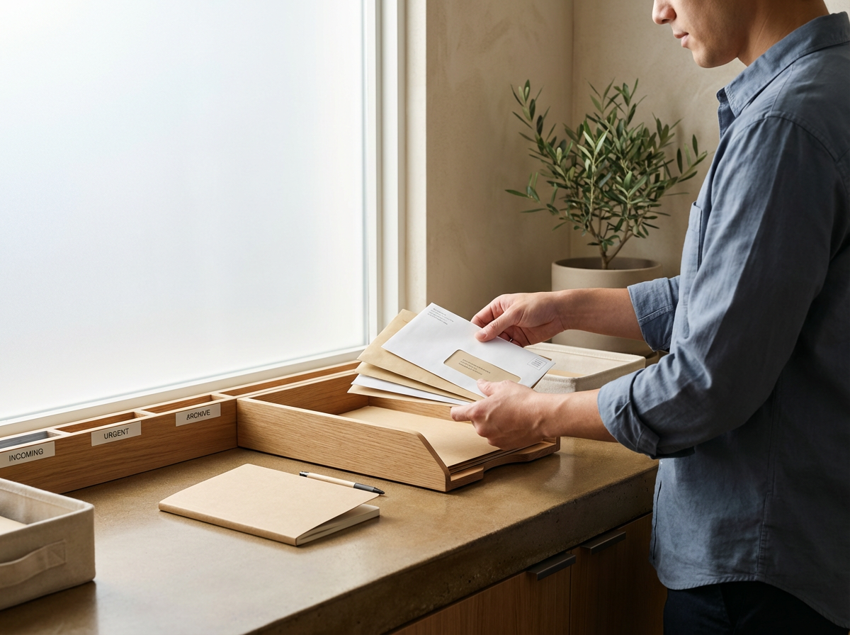 Person organizing emails and documents in a wooden inbox tray on a windowsill, with labels for 'Incoming,' 'Urgent,' and 'Archive,' and a potted plant in the background.