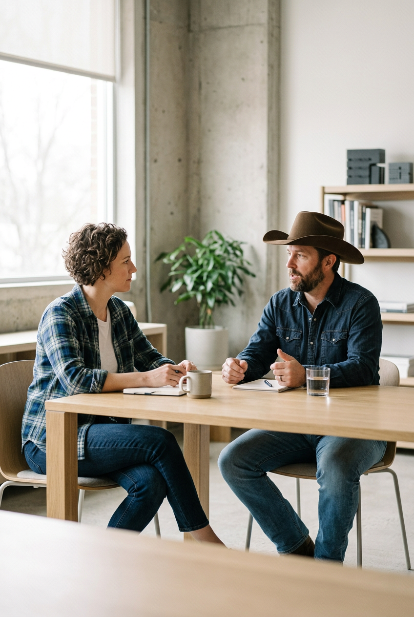 A woman and a man engaging in a conversation at a table in a modern office setting. The woman has short curly hair and is wearing a plaid shirt while the man is wearing a cowboy hat and denim jacket. They have notebooks and a glass of water on the table.