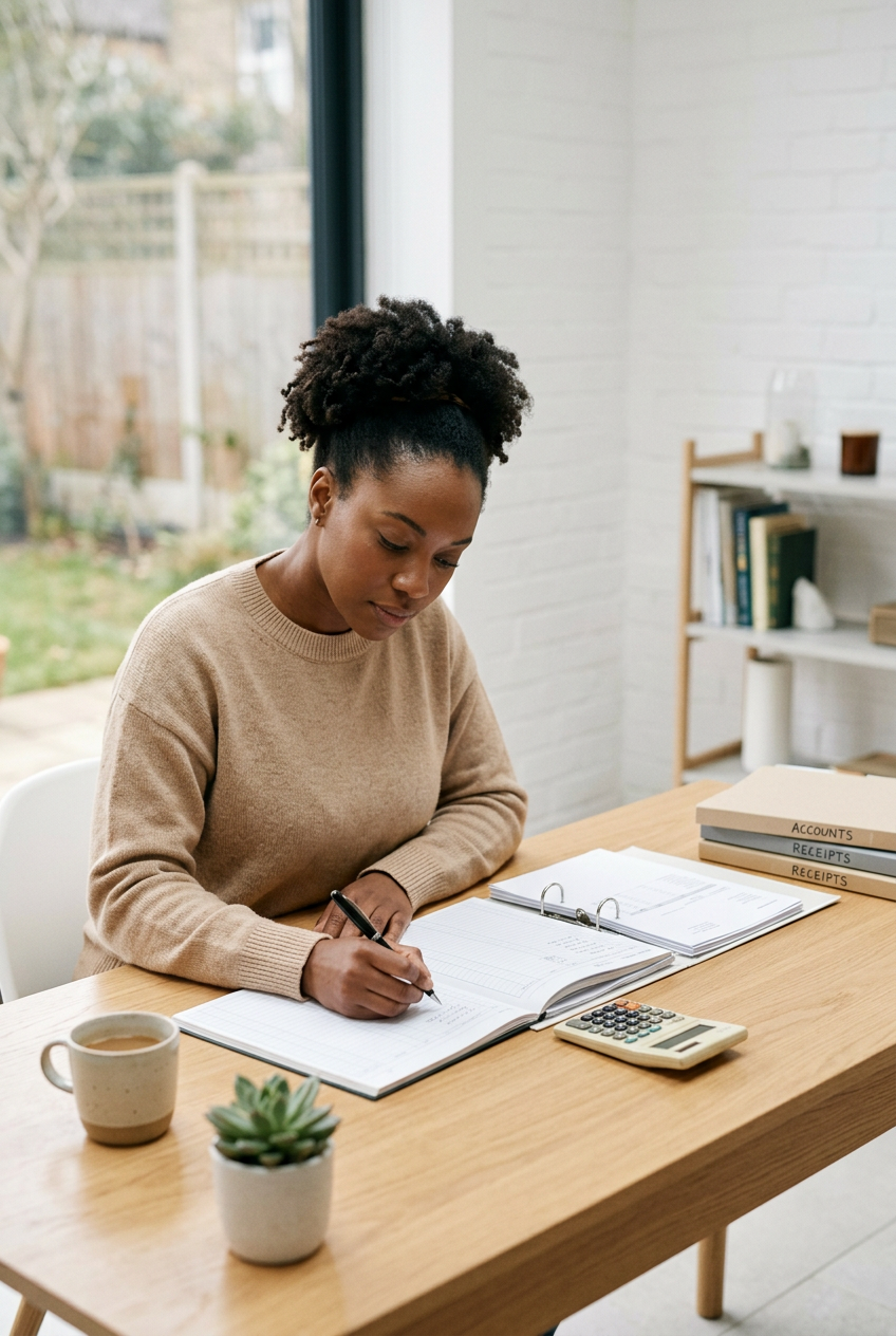 A woman sitting at a wooden desk reviewing financial documents, with a mug and a small potted plant in the foreground, and shelves with books and decorative items in the background.
