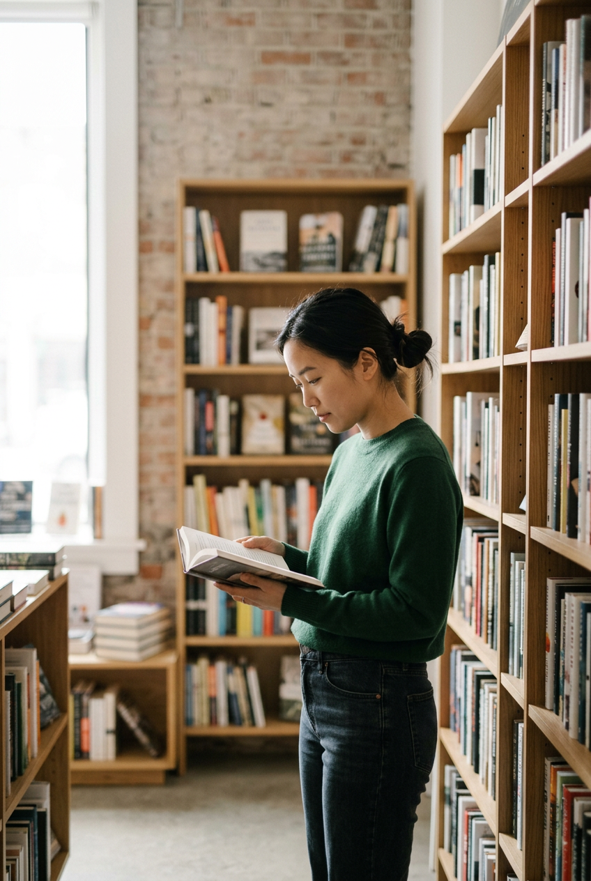 A woman with black hair tied in a bun, wearing a green sweater and dark jeans, stands in a bookstore or library, reading a book surrounded by wooden bookshelves filled with books.