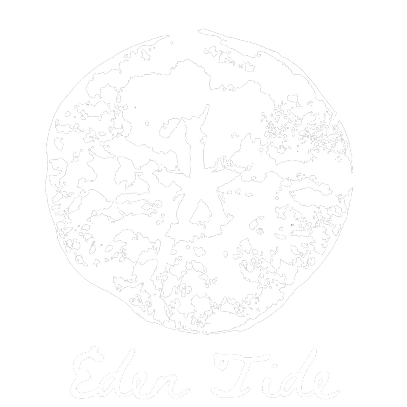 A black and white logo for Eden Tide featuring a full moon with landscape details and a silhouette of a person standing with arms raised. The text 'Eden Tide' is written below.