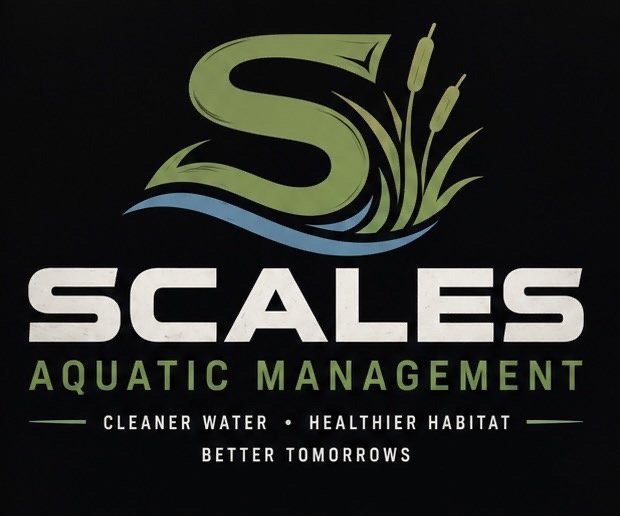 Logo for Scales Aquatic Management featuring a stylized green S with water and cattails, promoting cleaner water, healthier habitat, and better tomorrows.