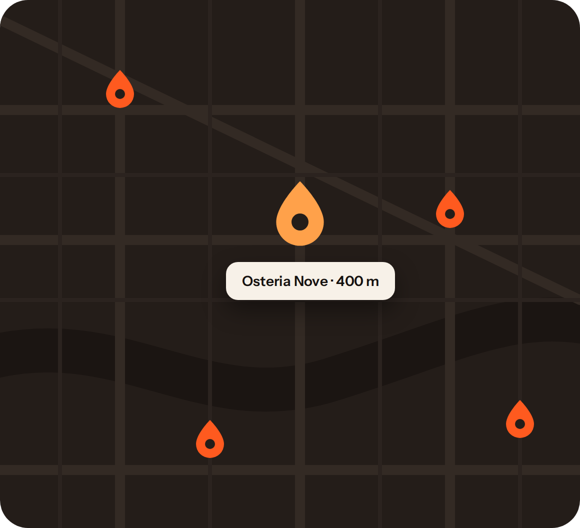 Map with orange and red drop icons indicating locations, with one label for Osteria Nove at 400 meters.