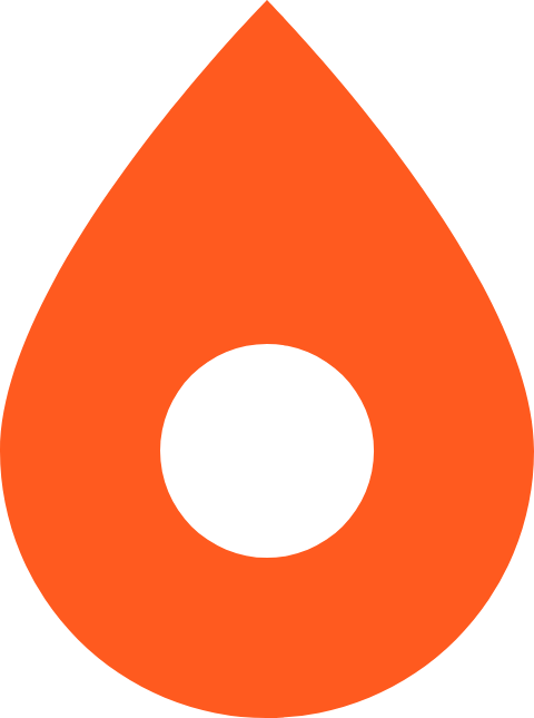 Orange droplet shape with a black circle inside on a black background.