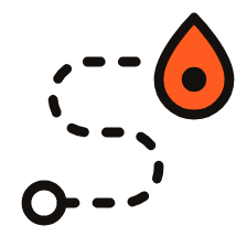 A stylized map with a dotted path leading to a location marked by a flame icon.