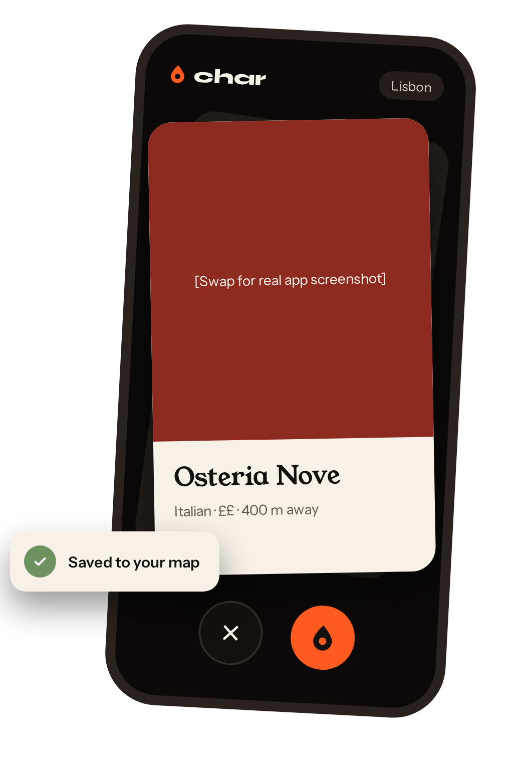 A mobile app screen showing a map with a saved location called Osteria Nove, which is an Italian restaurant 400 meters away and costs ££. The screen displays a message indicating the location was saved to the map.