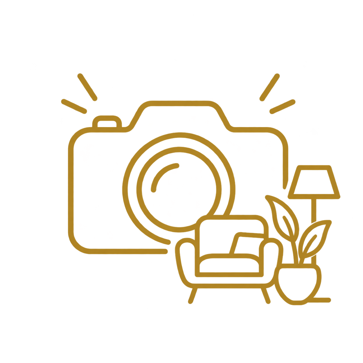 Outline of a camera, a table lamp, a potted plant, and a camera strap, all drawn with yellow lines.
