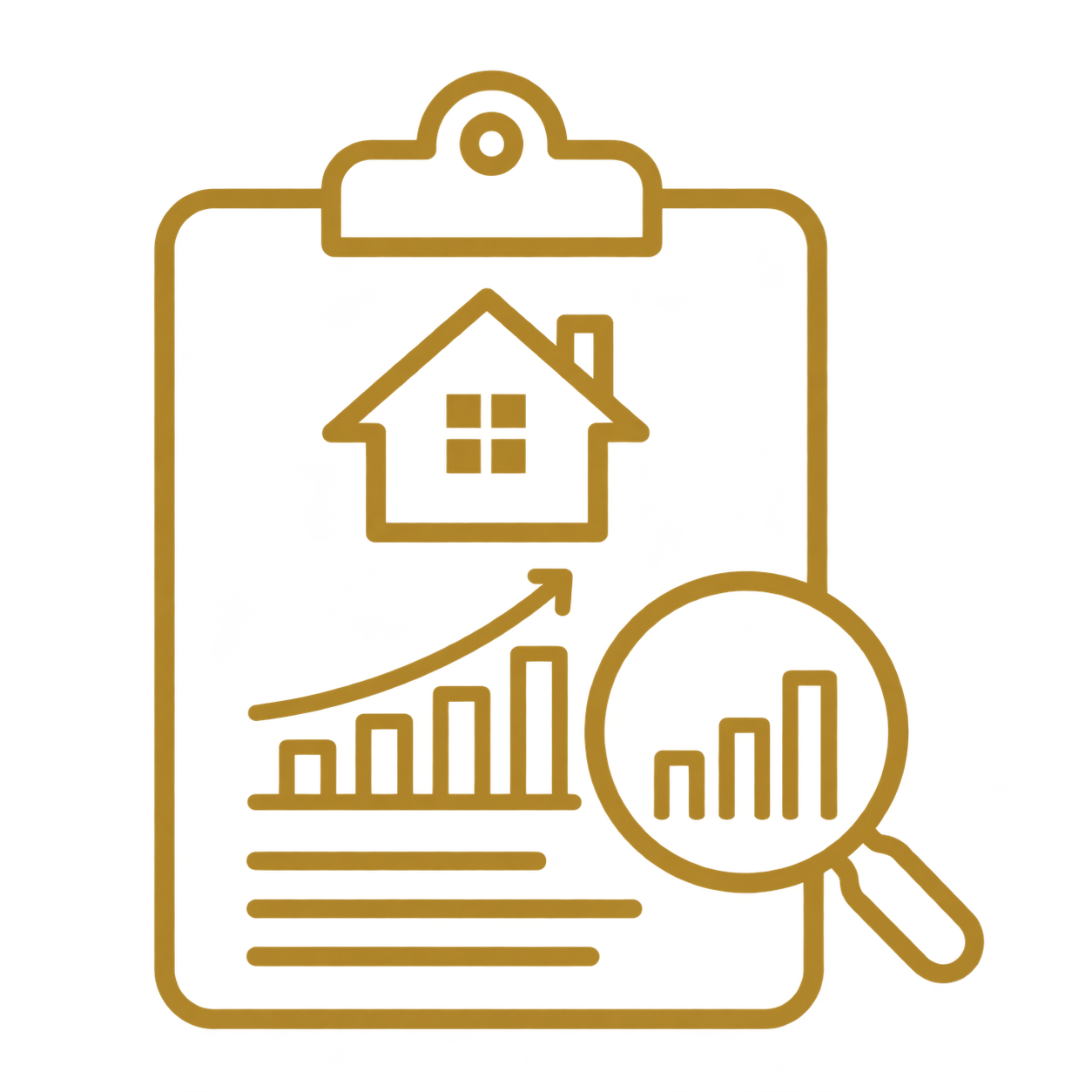 A clipboard with a house icon, bar graph, and magnifying glass on a red background