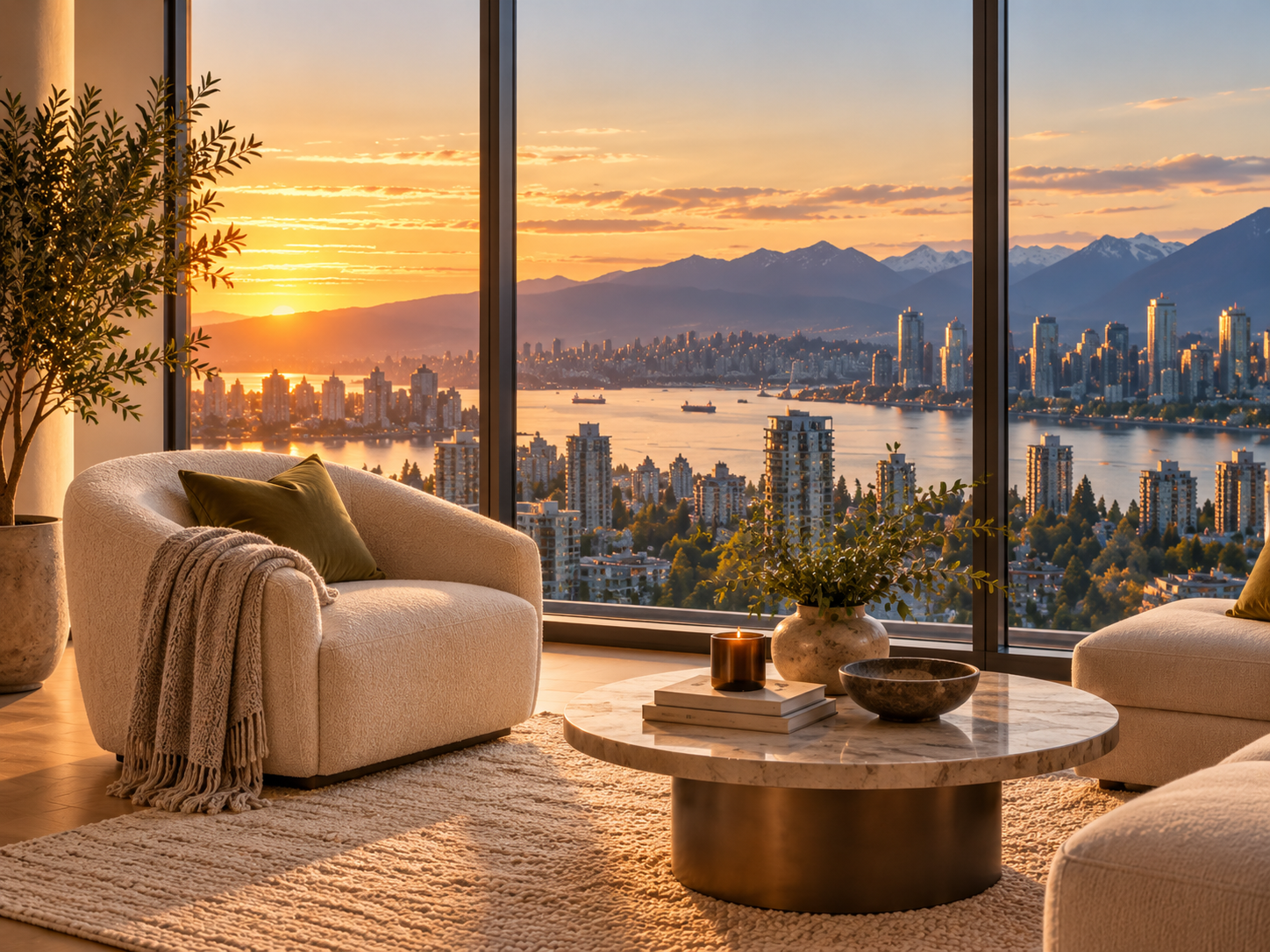 Living room with beige couches, green pillows, a blanket, a round marble coffee table with books, a candle, a bowl, and vases with plants, overlooking a city skyline and mountains at sunset through large floor-to-ceiling windows.
