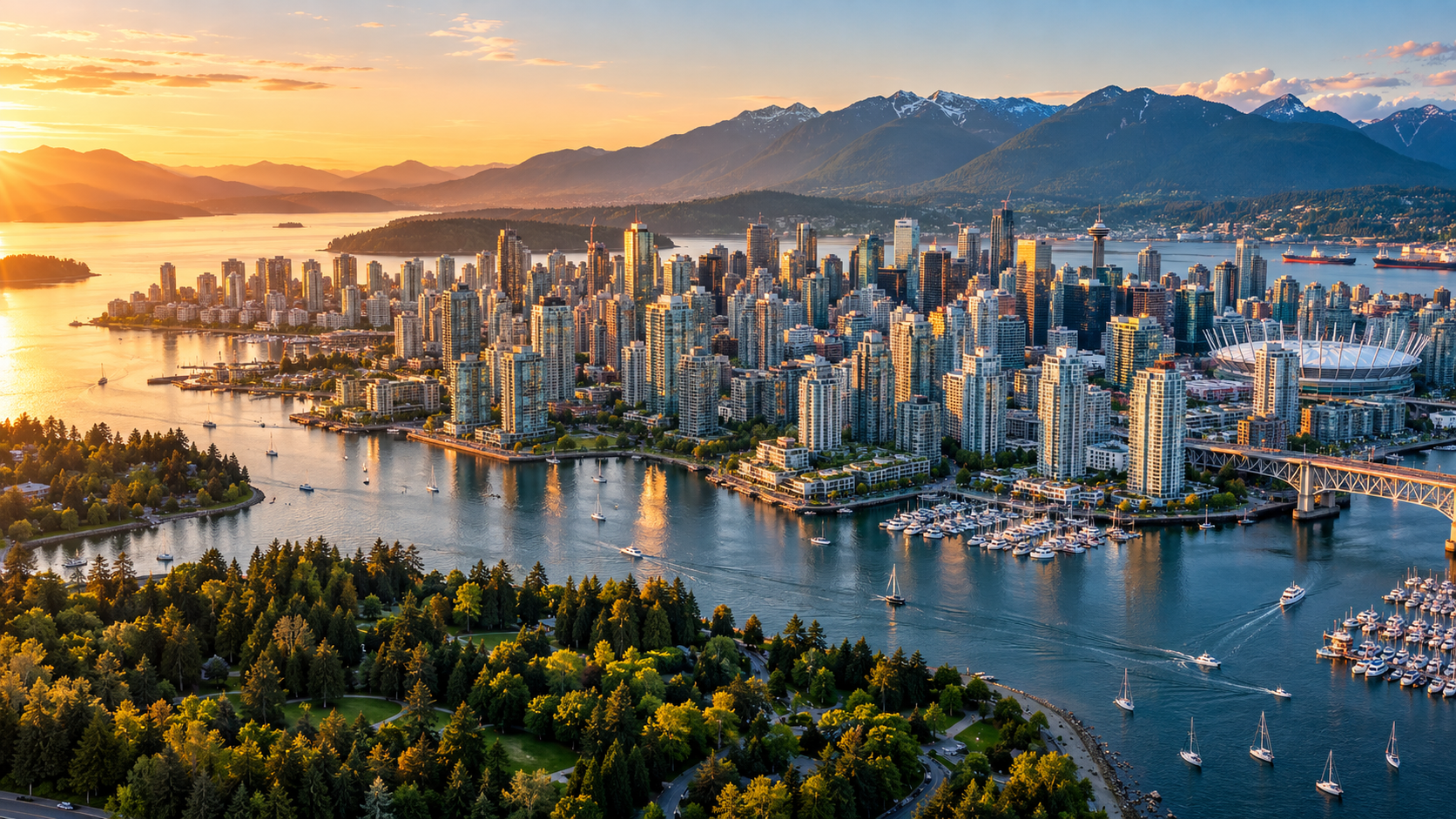 Aerial view of downtown Seattle at sunset with tall skyscrapers, a marina with boats, and Olympic Mountains in the background.