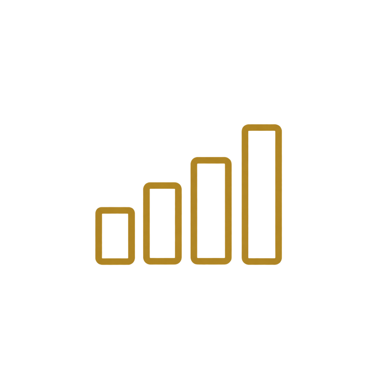 Gold outline bar chart with four ascending bars on black background.