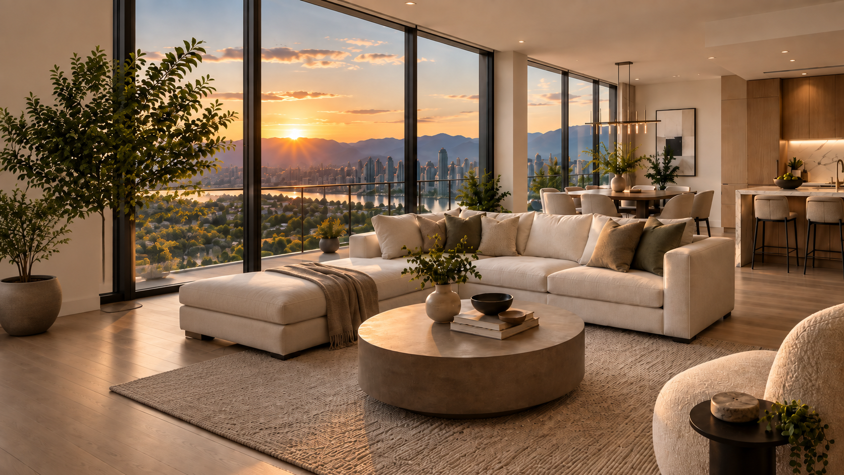 Modern living room with large floor-to-ceiling windows showing a city skyline and mountain view at sunset, decorated with neutral-colored furniture, plants, and a round coffee table.