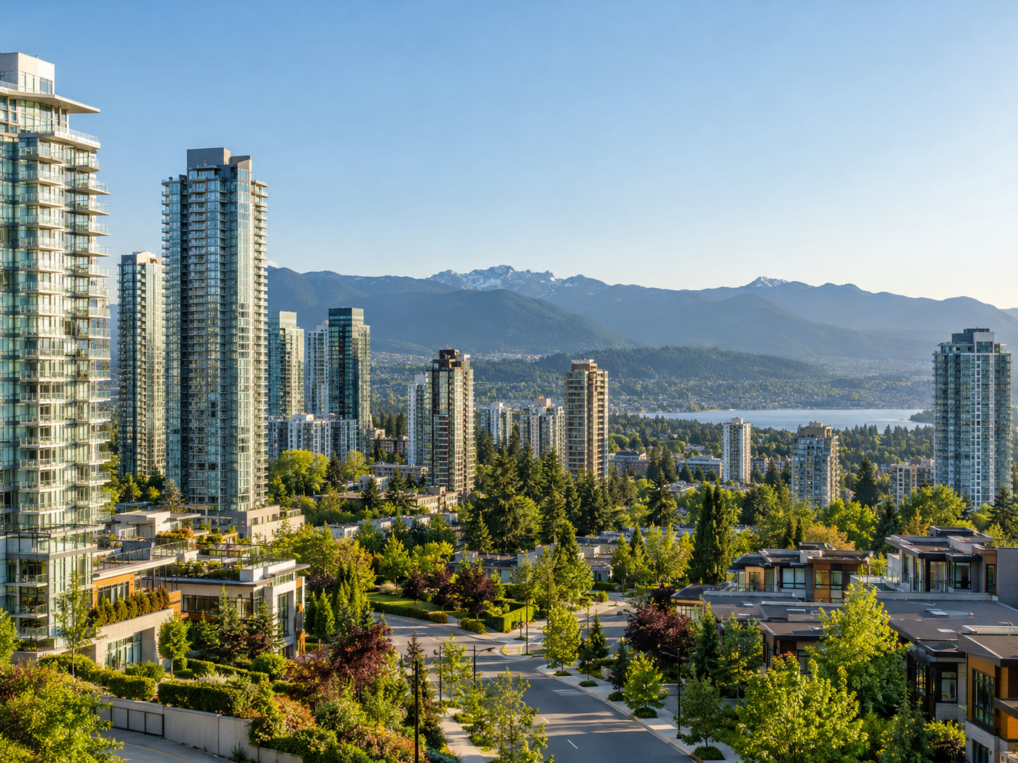 A cityscape of modern high-rise buildings with mountains and a lake in the background, surrounded by greenery and trees.