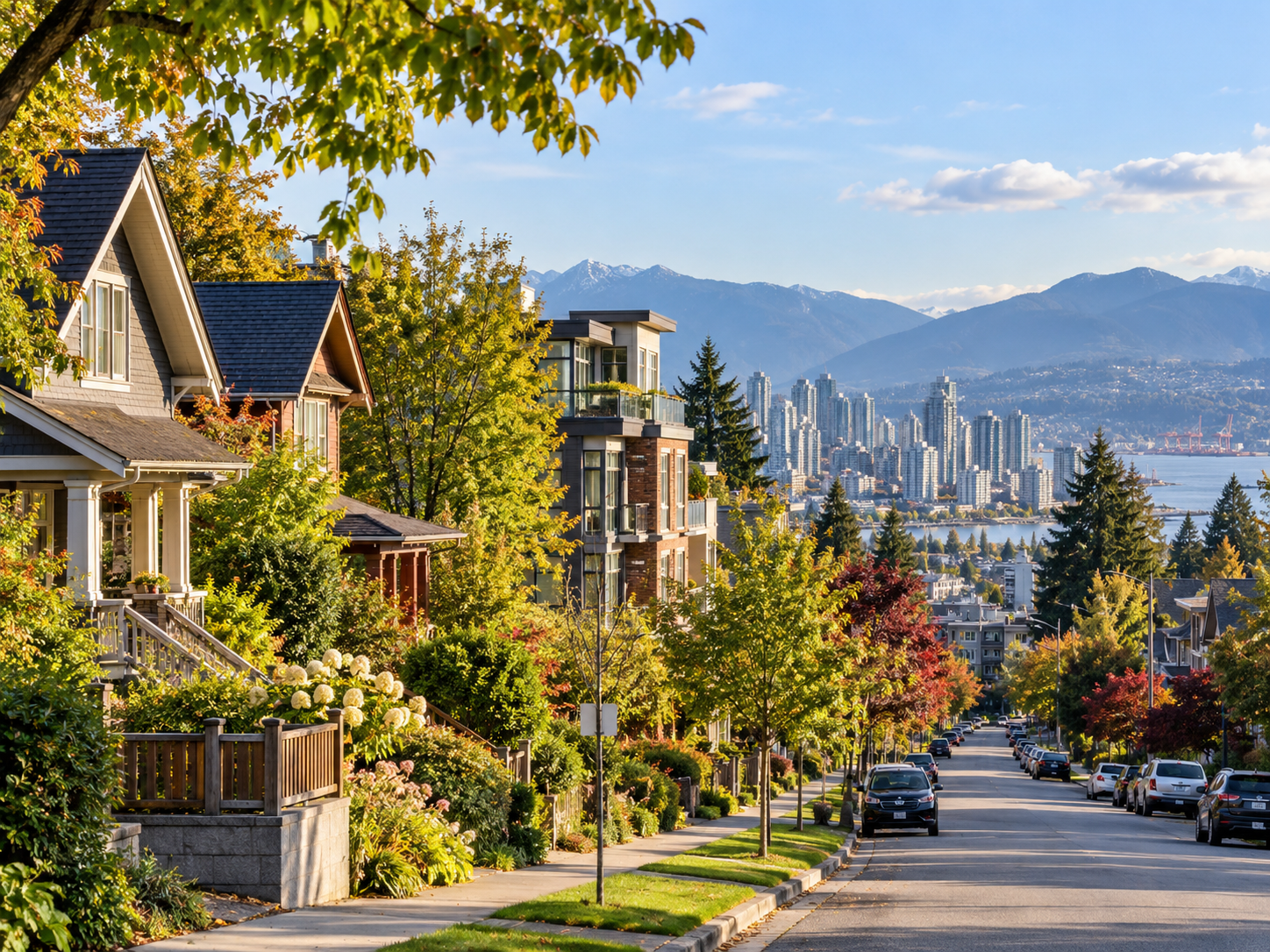 A suburban street with colorful autumn trees, houses with porches and well-maintained gardens, parked cars, and a view of a city skyline with tall buildings and mountains in the background.