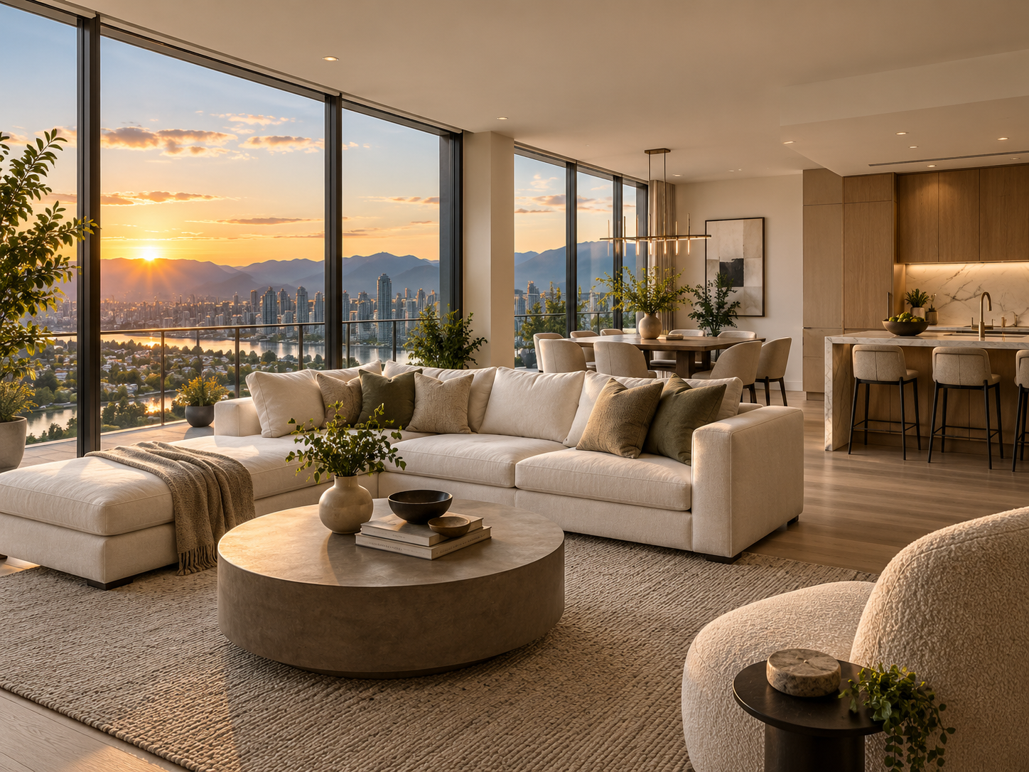Modern living room with large windows showing a sunset over mountains and a city skyline, beige sectional sofa with cushions, round coffee table with decor, armchair, dining area with chairs and table, and kitchen with bar stools.
