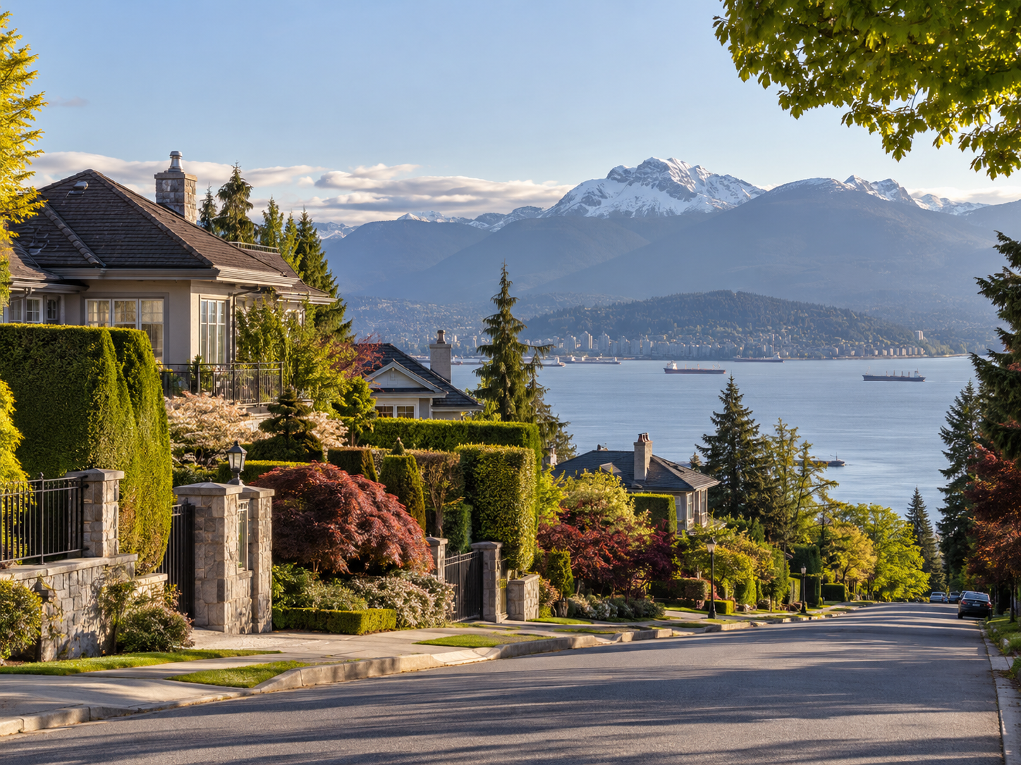 A scenic view of a residential neighborhood with large houses, lush landscaping, and a waterfront, backed by snow-capped mountains and a body of water with boats.