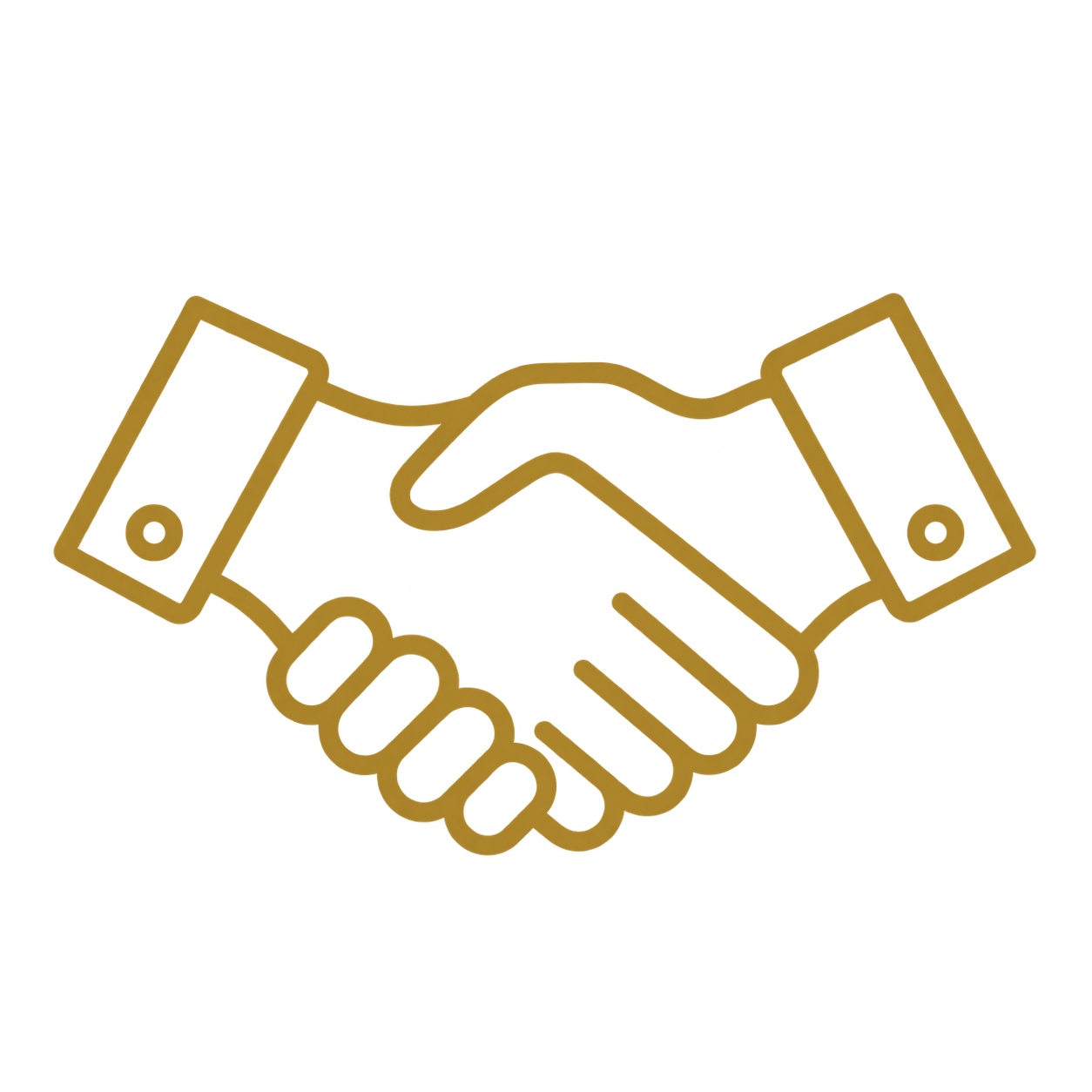 Icon of two hands shaking, outlined in gold with a black fill, representing agreement or partnership.