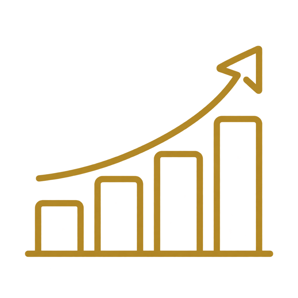 A bar graph with five vertically oriented bars increasing in height from left to right, each outlined in gold. An upward trending arrow overlays the bars, indicating growth or increase.