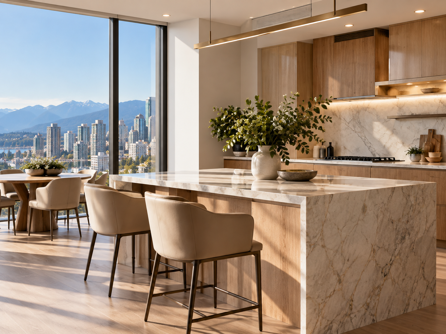 Modern kitchen with a marble island, beige chairs, wooden cabinets, and a large window overlooking a cityscape with mountains in the background.