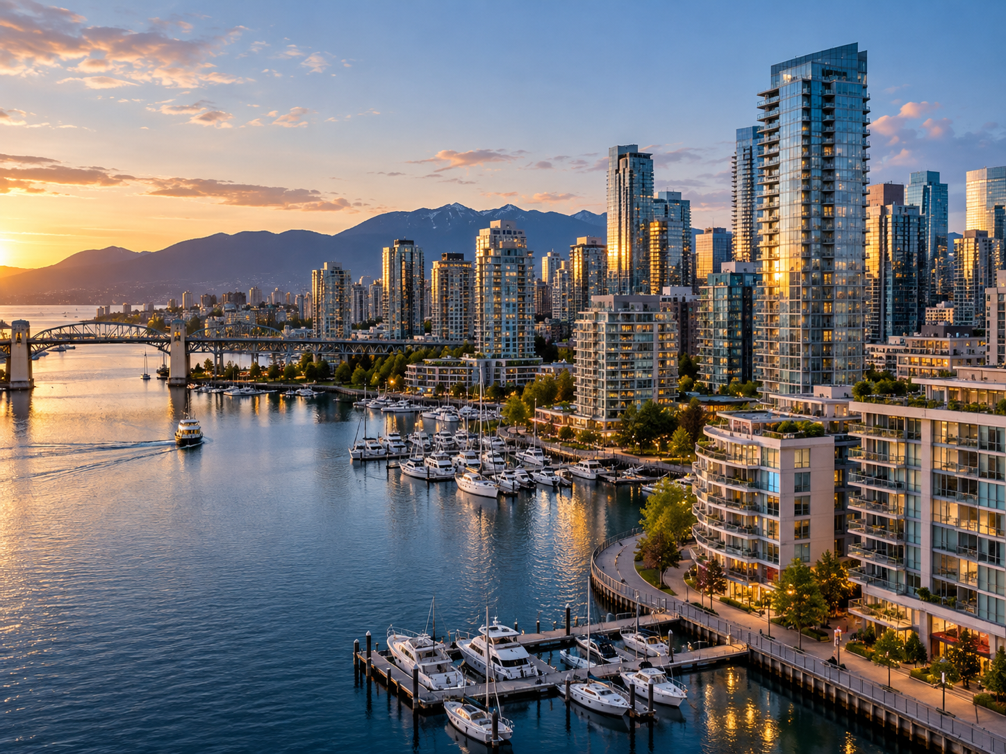 Sunset over a city with tall modern buildings along a waterfront marina filled with boats and yachts, with mountains in the background.