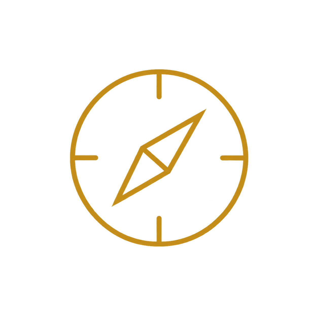 Gold clock with a stylized compass arrow in the center, showing 8:08.
