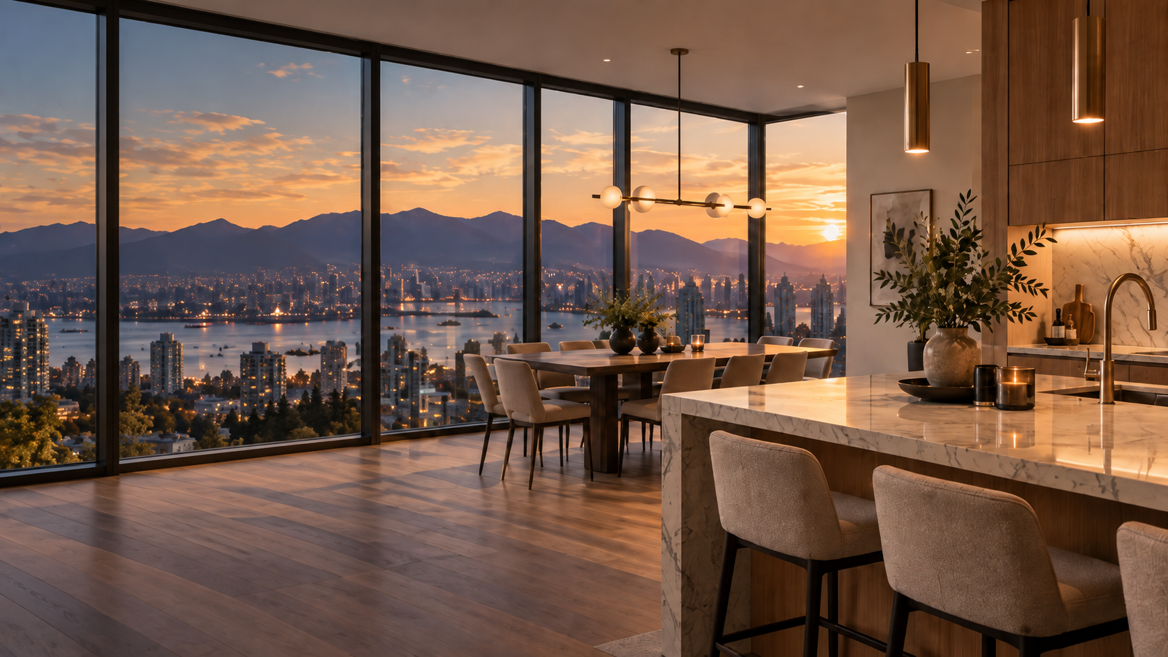 Modern apartment interior with a dining area and kitchen, overlooking a city skyline with mountains at sunset through large glass windows.