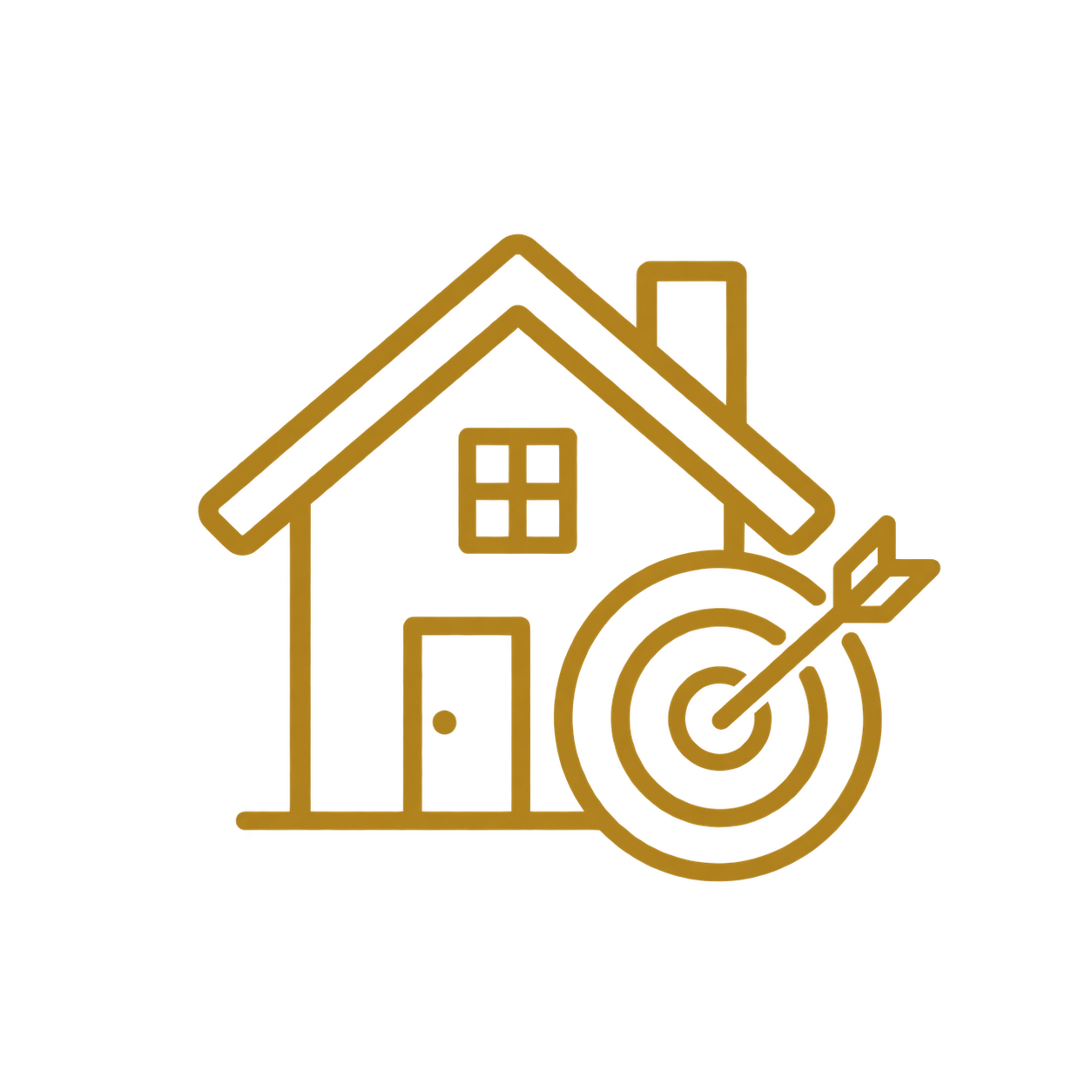 Gold outline of a house with a target and arrow to symbolize real estate goals or home investment