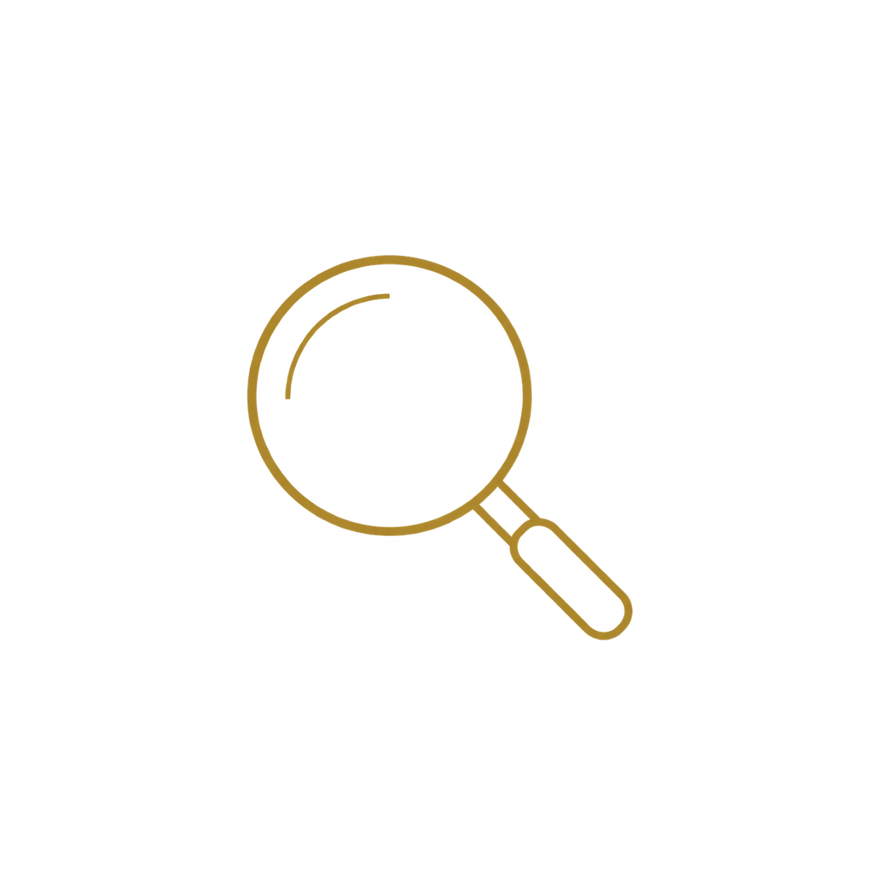 Magnifying glass icon with a golden outline and a small yellow rectangle on the handle, icon style on a black background.