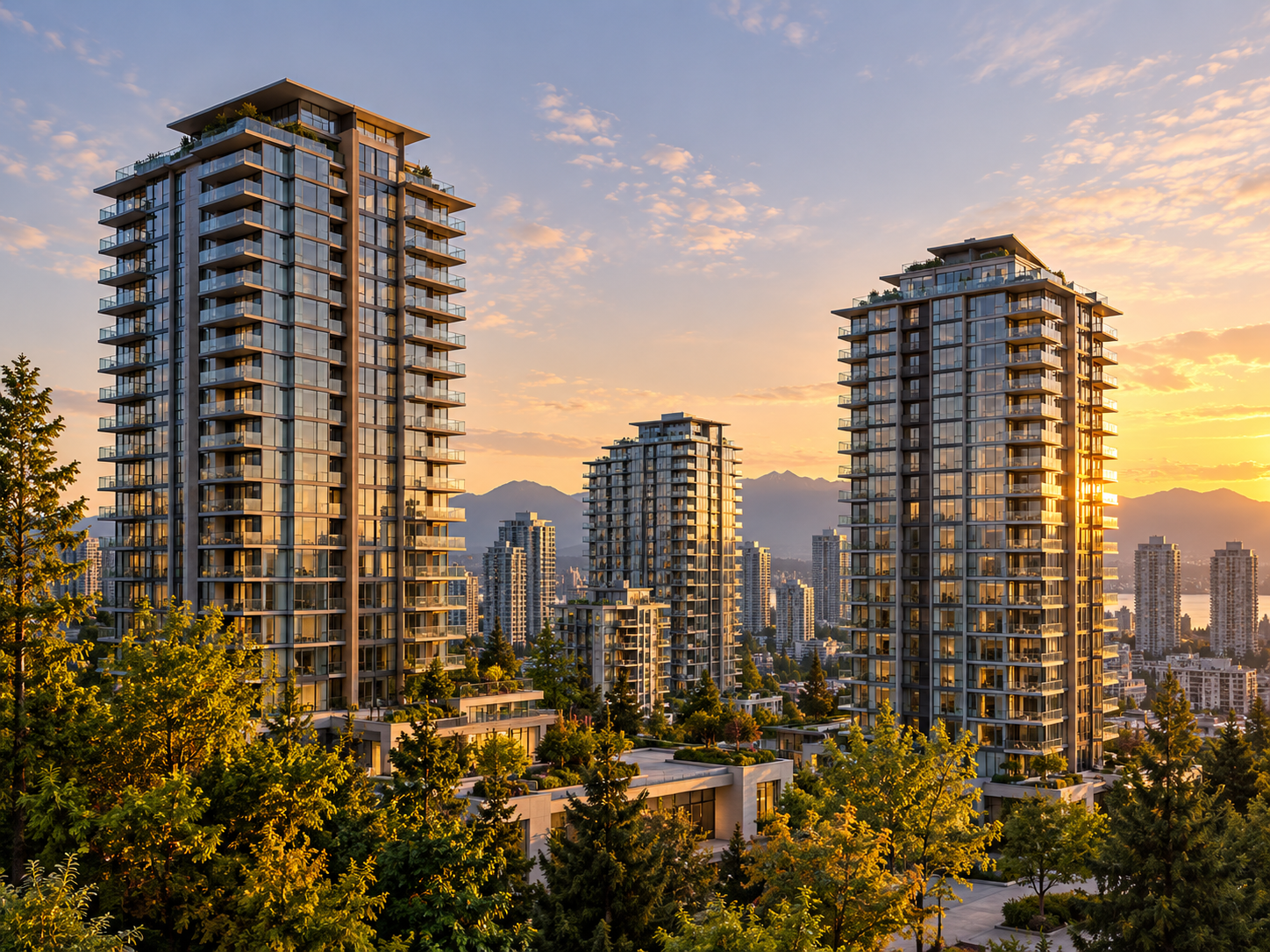 High-rise apartment buildings during sunset with mountains in the background