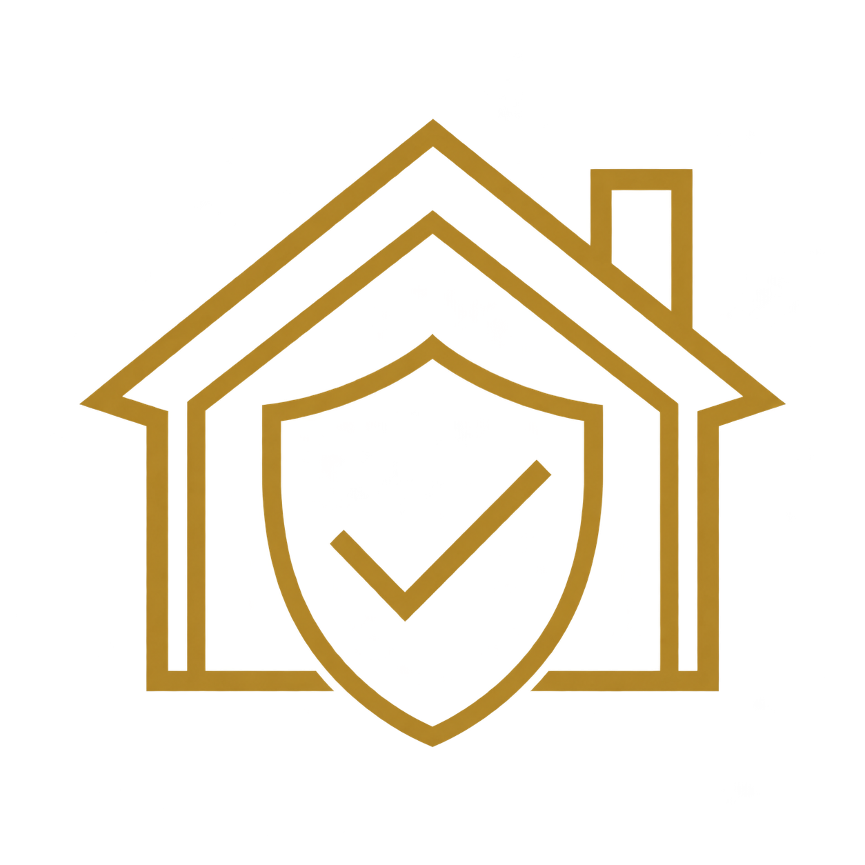 Gold outline of a house with a shield and check mark inside, symbolizing home security or protection.