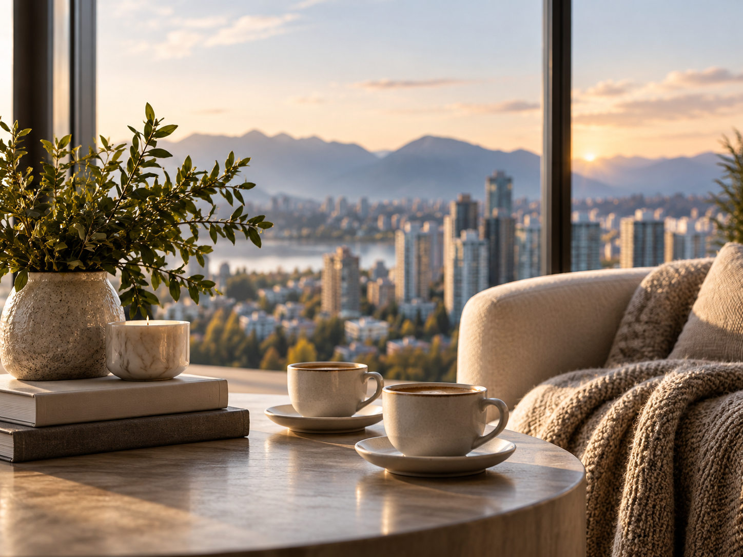 Living room with a view of city skyline and mountains at sunset, including a table with two coffee cups, a potted plant, books, and a cozy blanket on a chair.