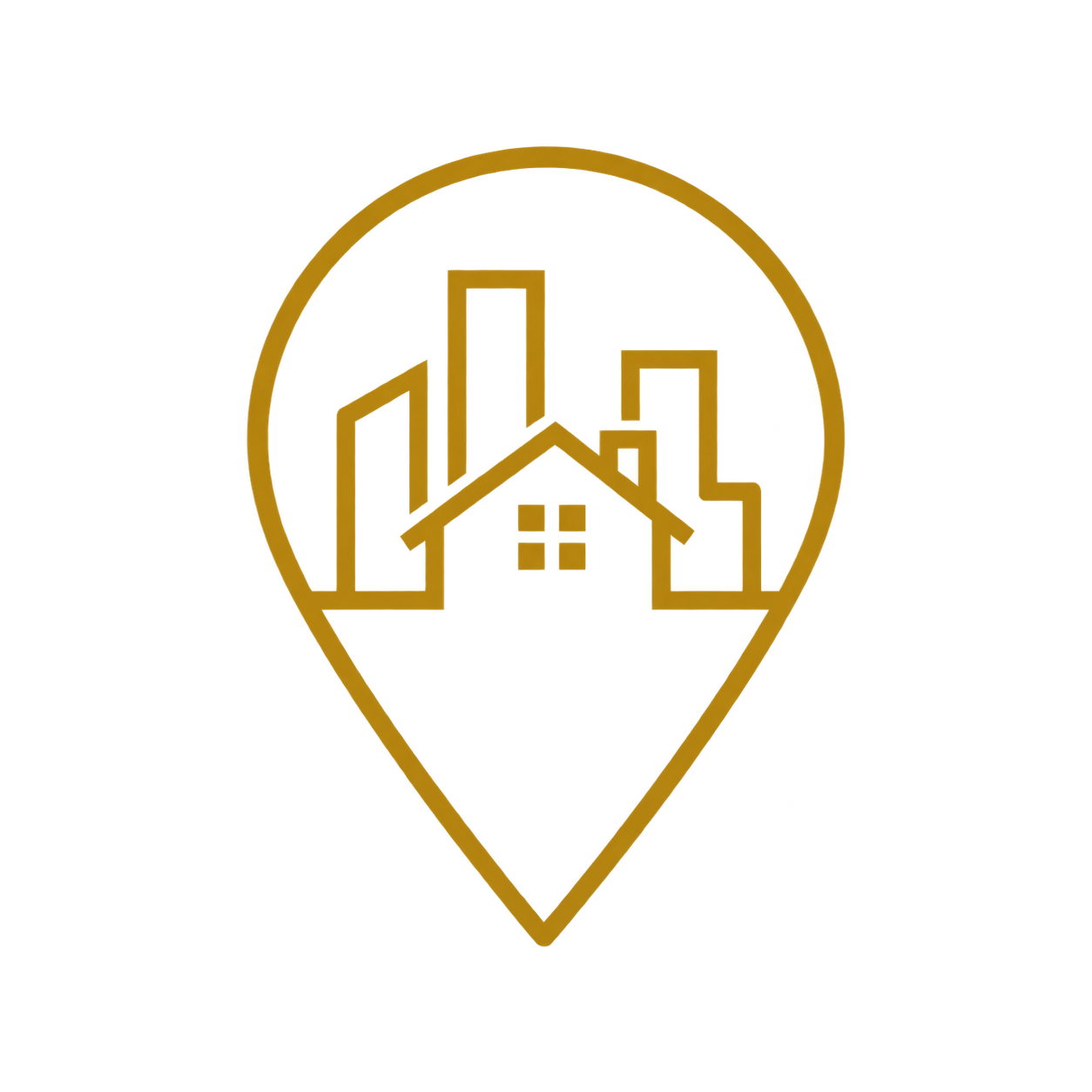 Gold icon of a house inside a map pin with city skyline in the background.