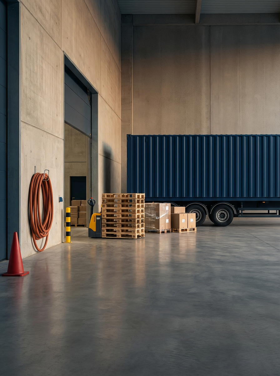 Warehouse interior with a large blue shipping container on a truck, wooden pallets, cardboard boxes, a yellow hand truck, orange hose, red traffic cone, and black and yellow striped safety bollard.